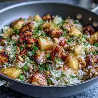 A vibrant Hawaiian pineapple chicken fried rice with tender chicken, colorful vegetables, and juicy pineapple in a sizzling wok.  