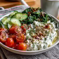 A vibrant cottage cheese breakfast bowl topped with fresh veggies, herbs, and a drizzle of olive oil.