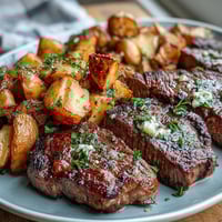 Garlic Butter Steak Bites and Potatoes sizzling in a cast iron skillet with golden potatoes and fresh herbs.