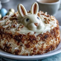Whimsical vanilla bunny cake with shimmering gold sprinkles, fluffy buttercream frosting, and coconut fur for a festive Easter dessert.  