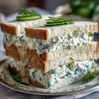 Kentucky Derby Benedictine tea sandwiches on a white platter, garnished with fresh dill sprigs and cucumber slices, perfect for elegant brunches.