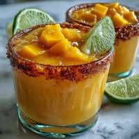 Frozen mango margarita mocktail in a salt-rimmed glass with fresh lime and mango garnish, icy and vibrant.