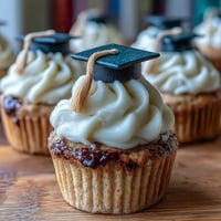 Moist vanilla cupcakes topped with creamy buttercream and handmade fondant graduation caps for a festive celebration treat.