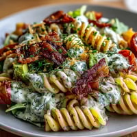 A colorful BLT pasta salad with crispy bacon, juicy tomatoes, and creamy avocado ranch dressing, perfect for summer gatherings.  