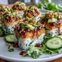 Crispy rice salad with avocado and spicy tuna, garnished with sesame seeds and fresh herbs for a bold sushi-inspired dish.